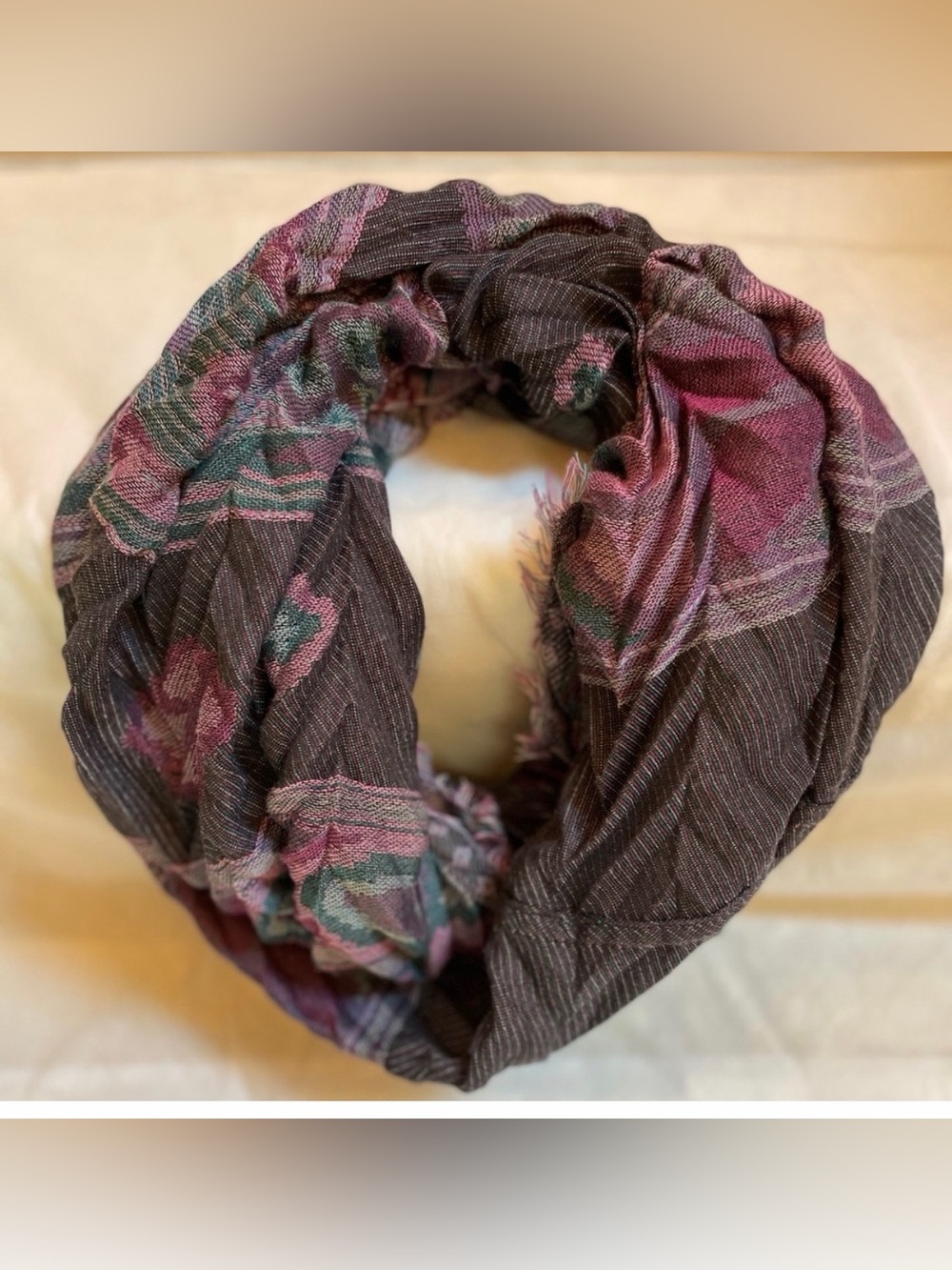 Boho Plaid Infinity Scarf Pink Purple Fringe Lightweight Women’s